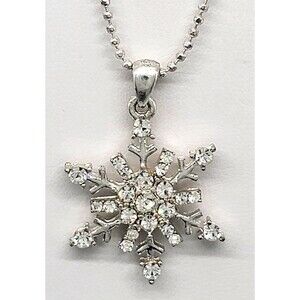 Snowflake Pendant Necklace Clear Rhinestone Silver Tone Ball Chain Sparkly!
